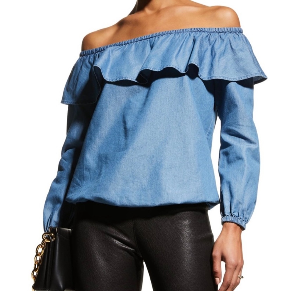 Michael Kors Off-Shoulder Long Sleeve Ruffle Peasant Blue Chambray Denim Top